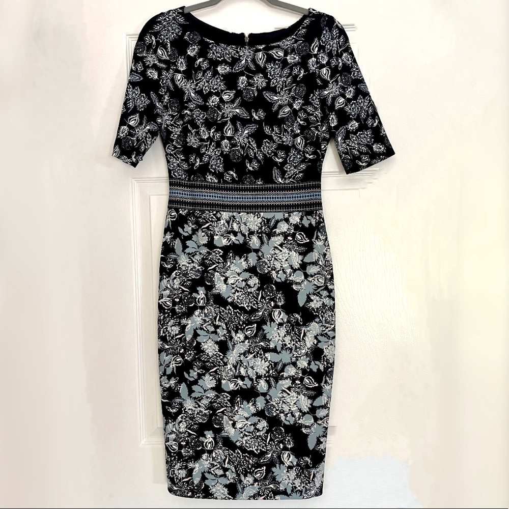Vince Camuto Black and Light Blue Floral Midi Dress